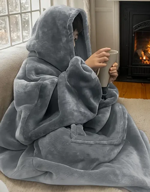 Cozy Reversible Fleece Hooded Blanket with Kangaroo Pocket